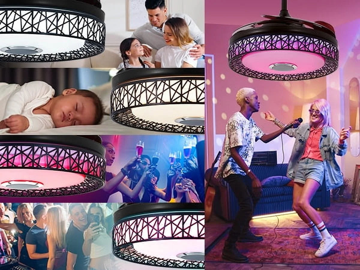 42" Black Nest Ceiling Fan with Color-Changing LEDs & Bluetooth Speaker - Retractable Smoked Blades, 5000 CFM Quiet Motor, APP/Remote Control for Living Room/Patio