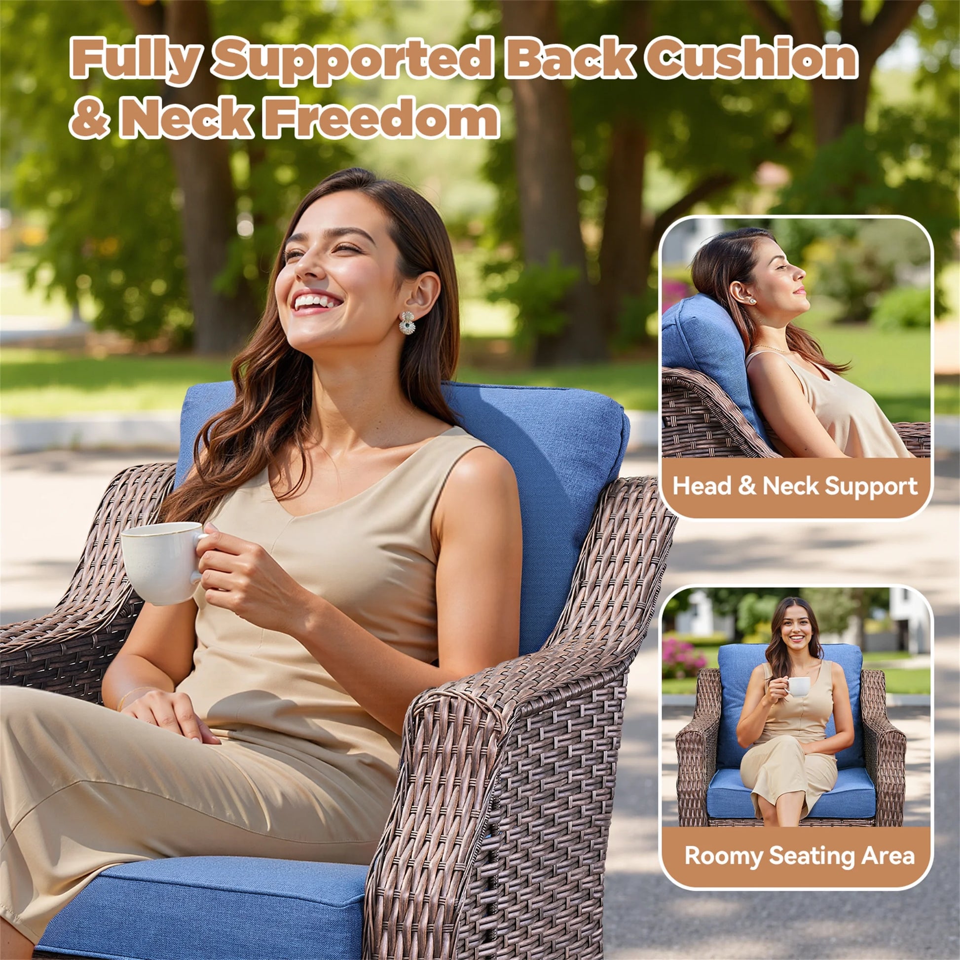 Yeahumalia Outdoor Patio Wicker Swivel Rocking Chair Glider Set of 2 with Side Table for Porch Balcony Backyard, Blue Cushions