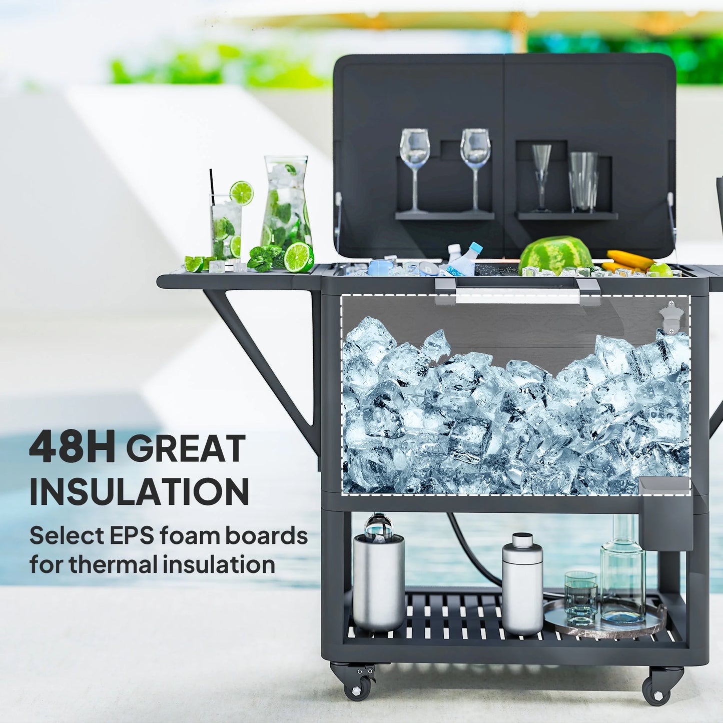 Outsunny 104 Quart Patio Cooler Cart, Outdoor Beverage Rolling Ice Chest with Bottle Opener and Shelves for Pool Deck BBQ Cookouts Party, Black