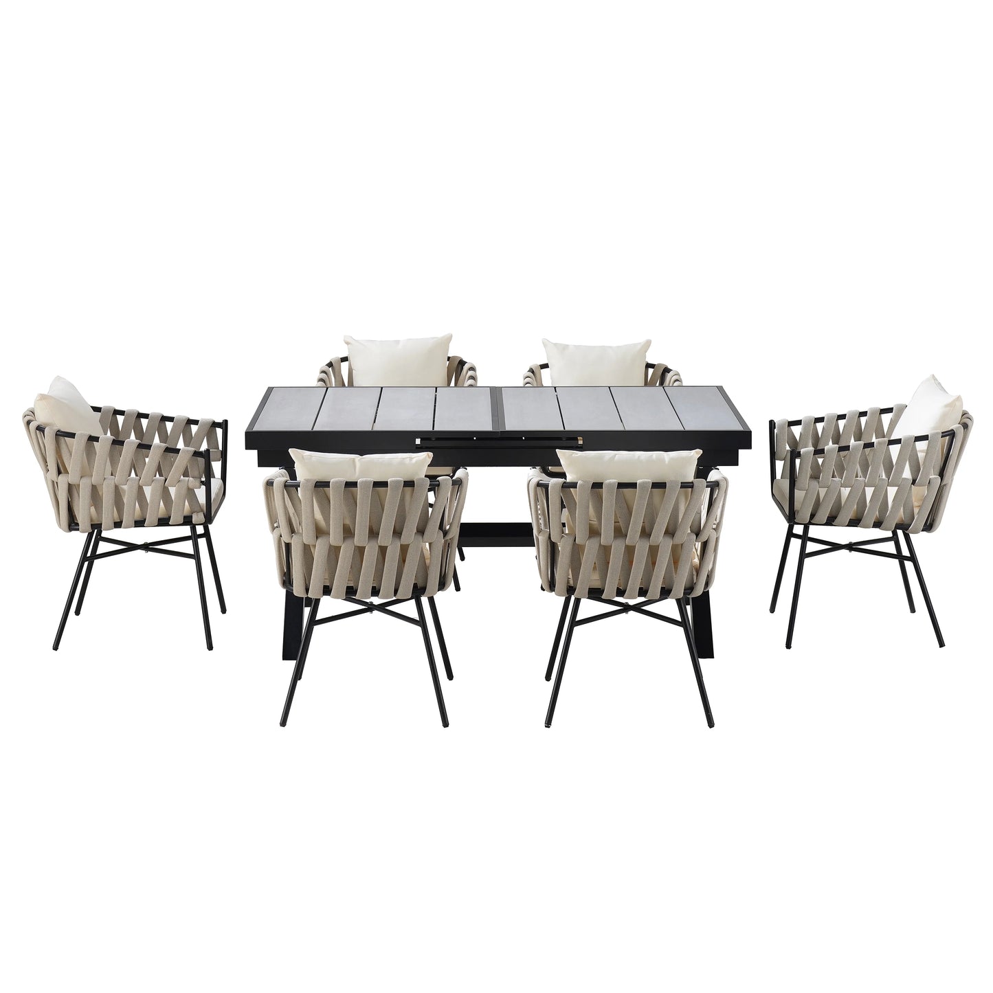 Harper & Bright Designs 7 Pieces Metal Outdoor Dining Table and Chairs Set for 6, All-Weather Patio Dining Furniture with 6 Woven Tape Chairs for Backyard Garden Balcony, Gray, Natural