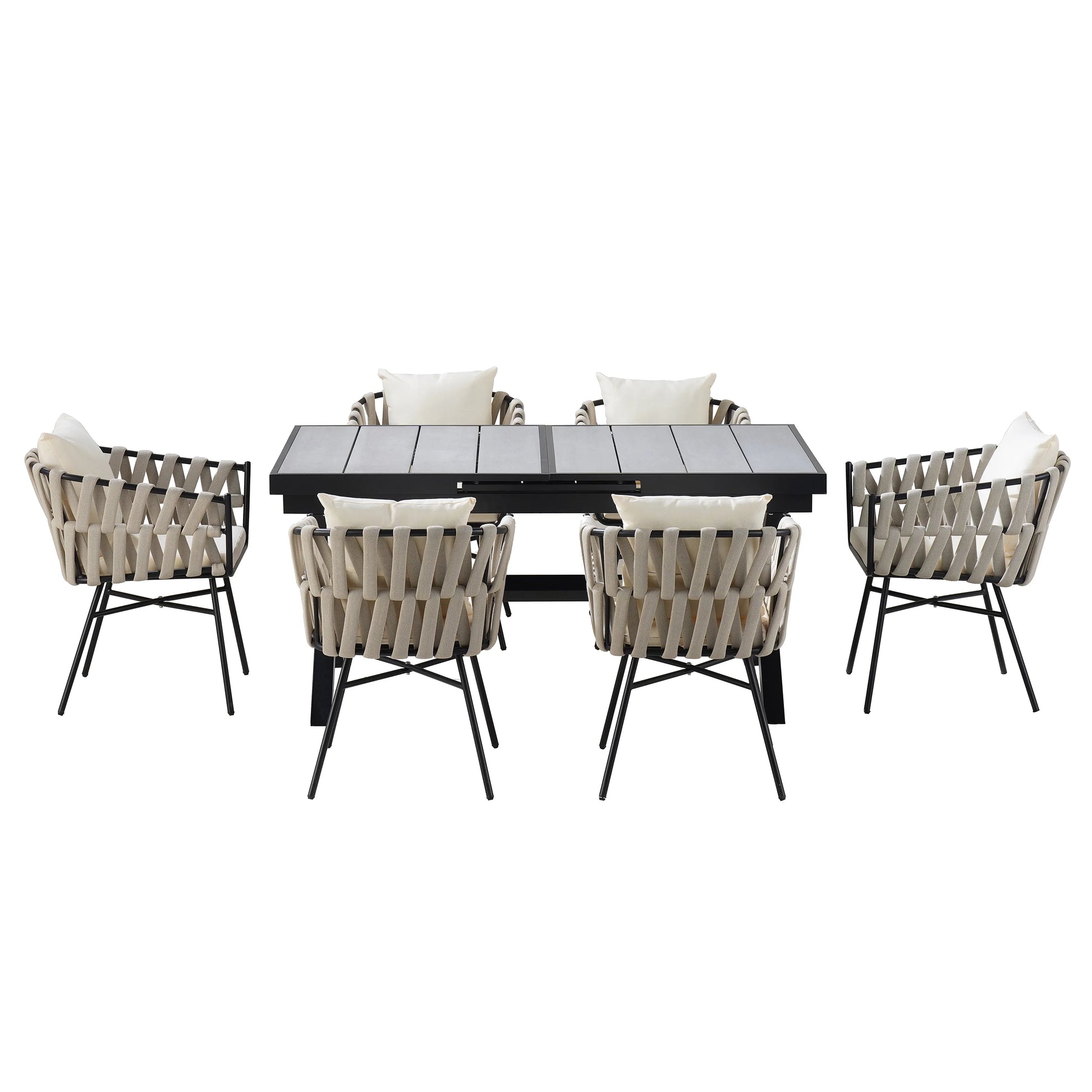 Harper & Bright Designs 7 Pieces Metal Outdoor Dining Table and Chairs Set for 6, All-Weather Patio Dining Furniture with 6 Woven Tape Chairs for Backyard Garden Balcony, Gray, Natural