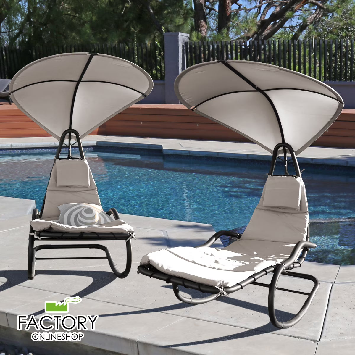 2X Rocking Hanging Lounge Chair - Curved Chaise Rocking Lounge Chair Swing For Backyard Patio w/Built-in Pillow Removable Canopy with stand {Green}