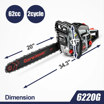 Gas Chainsaw 20in. 3.4HP Gas Powered Chainsaw 2-Cycle Handheld Chain Saw for Garden/Patio/Farm 6220G(Two Chains)