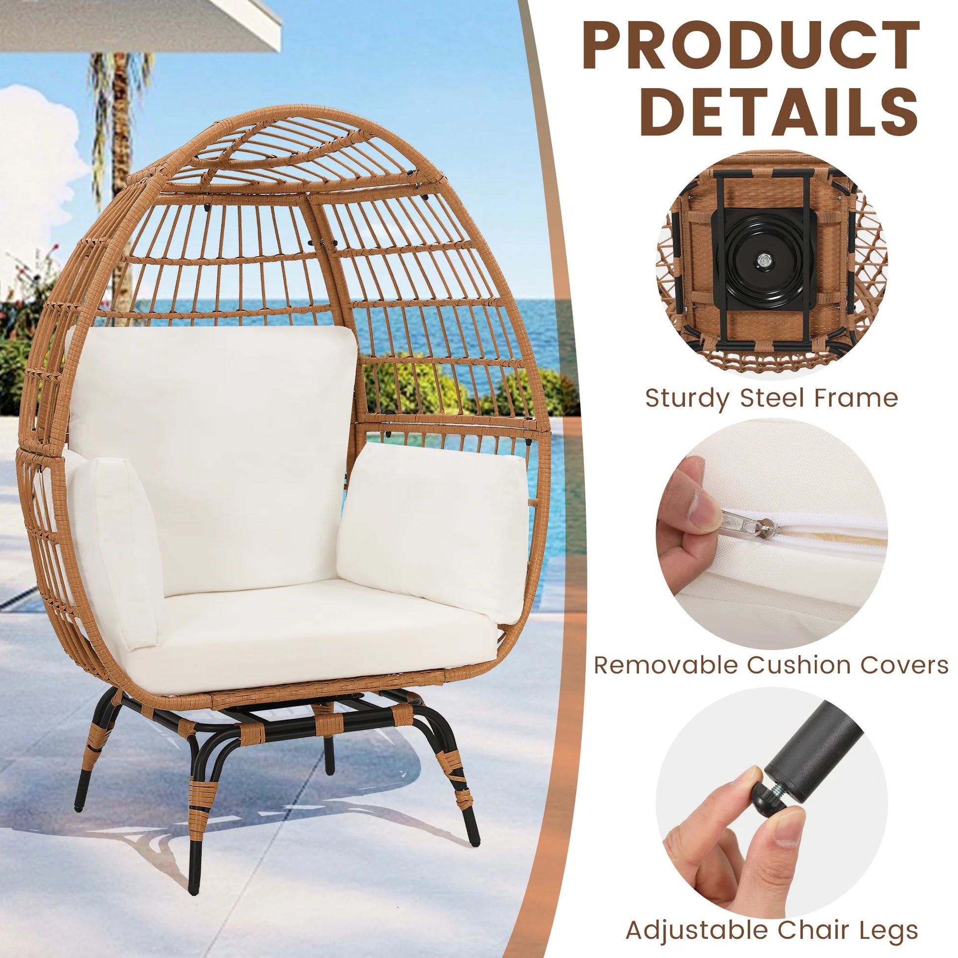 Skandiquip Oversized Rattan Adult Egg Chair, 360 Swivel, Outdoor Patio Chair with overstuffed Cushions, Indoor Large Wicker Egg Chair, Natural Rattan, Beige Cushion