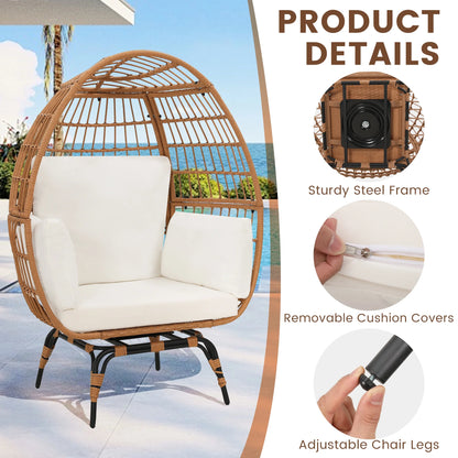 Skandiquip Oversized Rattan Adult Egg Chair, 360 Swivel, Outdoor Patio Chair with overstuffed Cushions, Indoor Large Wicker Egg Chair, Natural Rattan, Beige Cushion