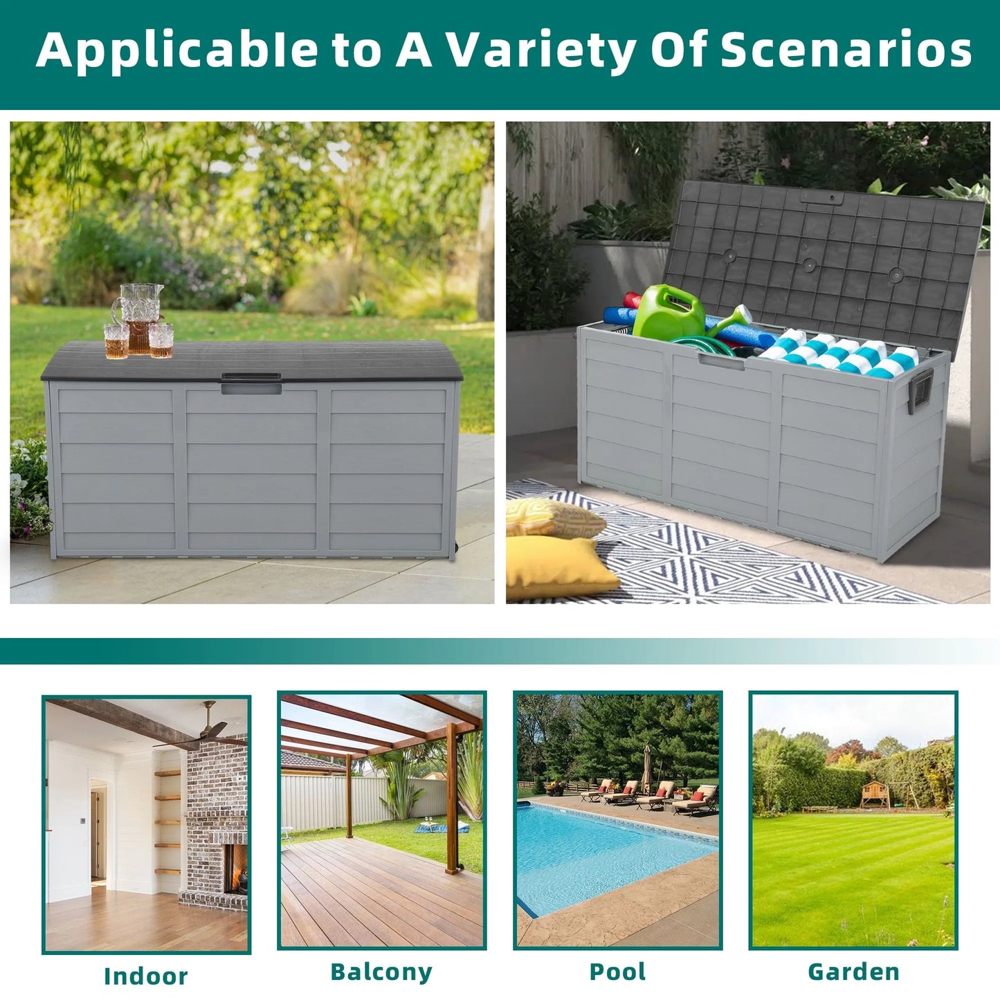 Seizeen 75 Gallon Resin Deck Box on Wheels, Patio Large Storage Cabinet, Outdoor Waterproof Storage Chest, Storage Container for Outside Furniture Cushions, Garden Tools, Kids' Toys, Gray, D7232