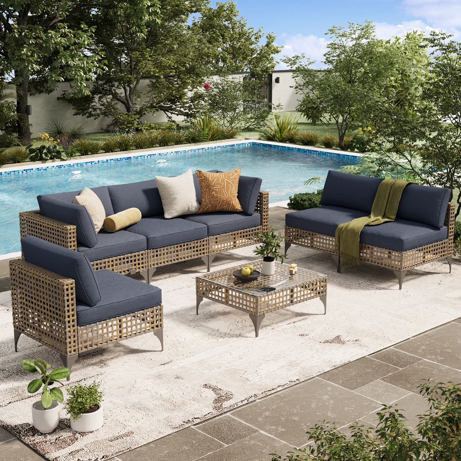 YODOLLA 7-Piece Patio Furniture Set with Tea Table, Rattan Wicker Outdoor Sectional Furniture Sofa Conversation Set, Dark Brown Rattan& Dark Grey Cushions
