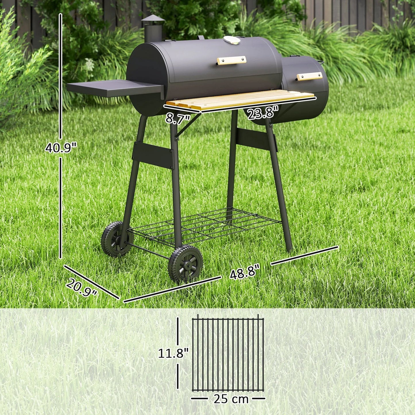 BNDFTF Black Multifunctional Charcoal Grill, Offset Smoker & BBQ Combo, with Front/Side Shelves, Lid Thermometer & Wooden Heat-Resistant Handles, for Outdoor Patio
