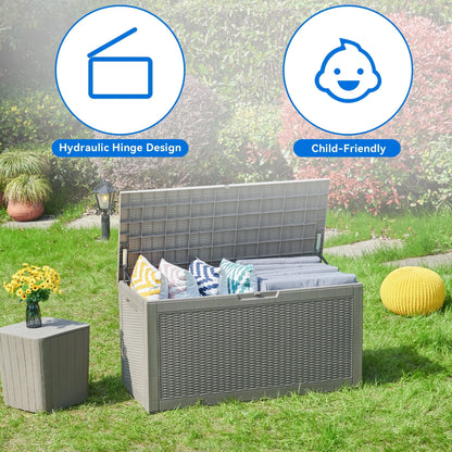 Dextrus 100 Gallon Spacious Resin Outdoor Storage Box for Patio Essentials, Outdoor Pillows, Landscaping Equipment, and Pool Accessories - Weatherproof, Secure (Light Brown)