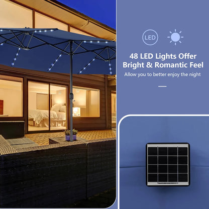 Kepooman Patio Umbrella, Outdoor Market Umbrella, 15 Feet Double-Sided Patio Umbrella with 48 LED Lights-Navy