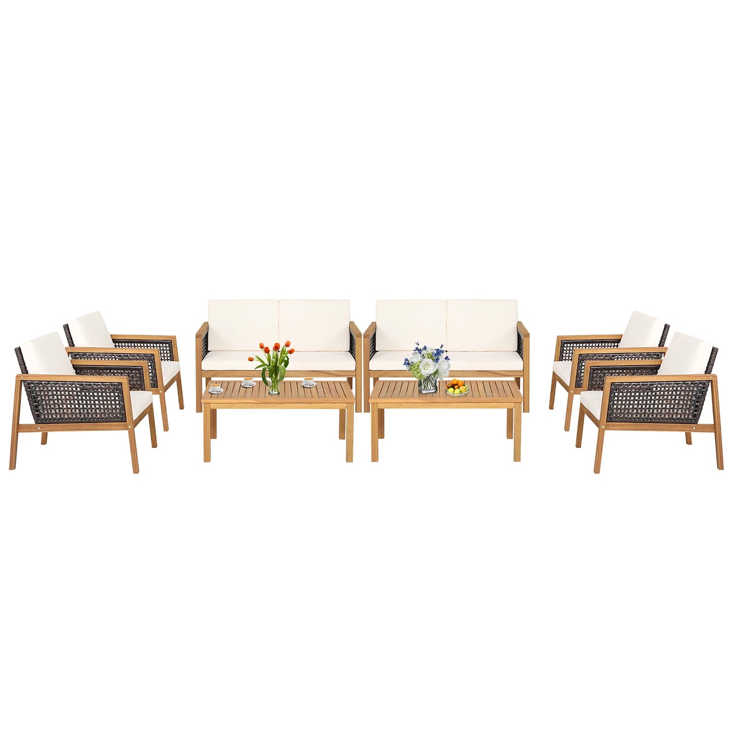 Costway 8PCS Patio Rattan Furniture Set Acacia Wood Cushioned Sofa Off White