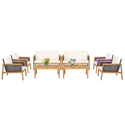 Costway 8PCS Patio Rattan Furniture Set Acacia Wood Cushioned Sofa Off White