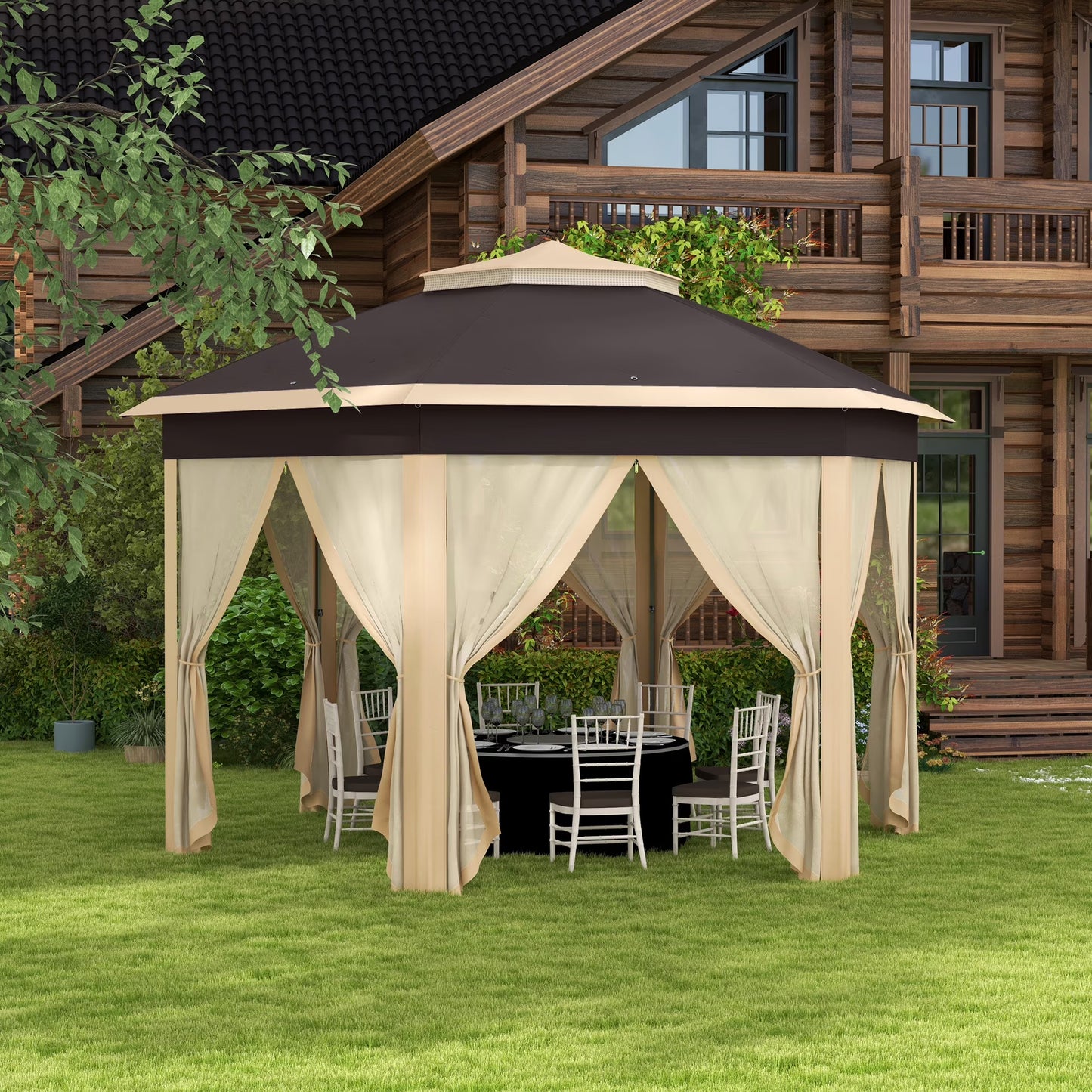 Outsunny 13' x 13' Pop Up Gazebo Hexagonal Canopy with 6 Zippered Mesh Netting, 2-Tier Roof Event Tent with Steel Frame for Patio Backyard, Gray