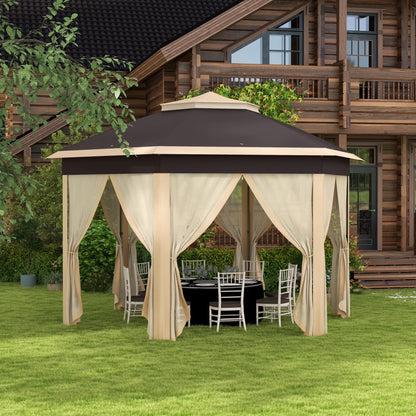 Outsunny 13' x 13' Pop Up Gazebo Hexagonal Canopy with 6 Zippered Mesh Netting, 2-Tier Roof Event Tent with Steel Frame for Patio Backyard, Gray