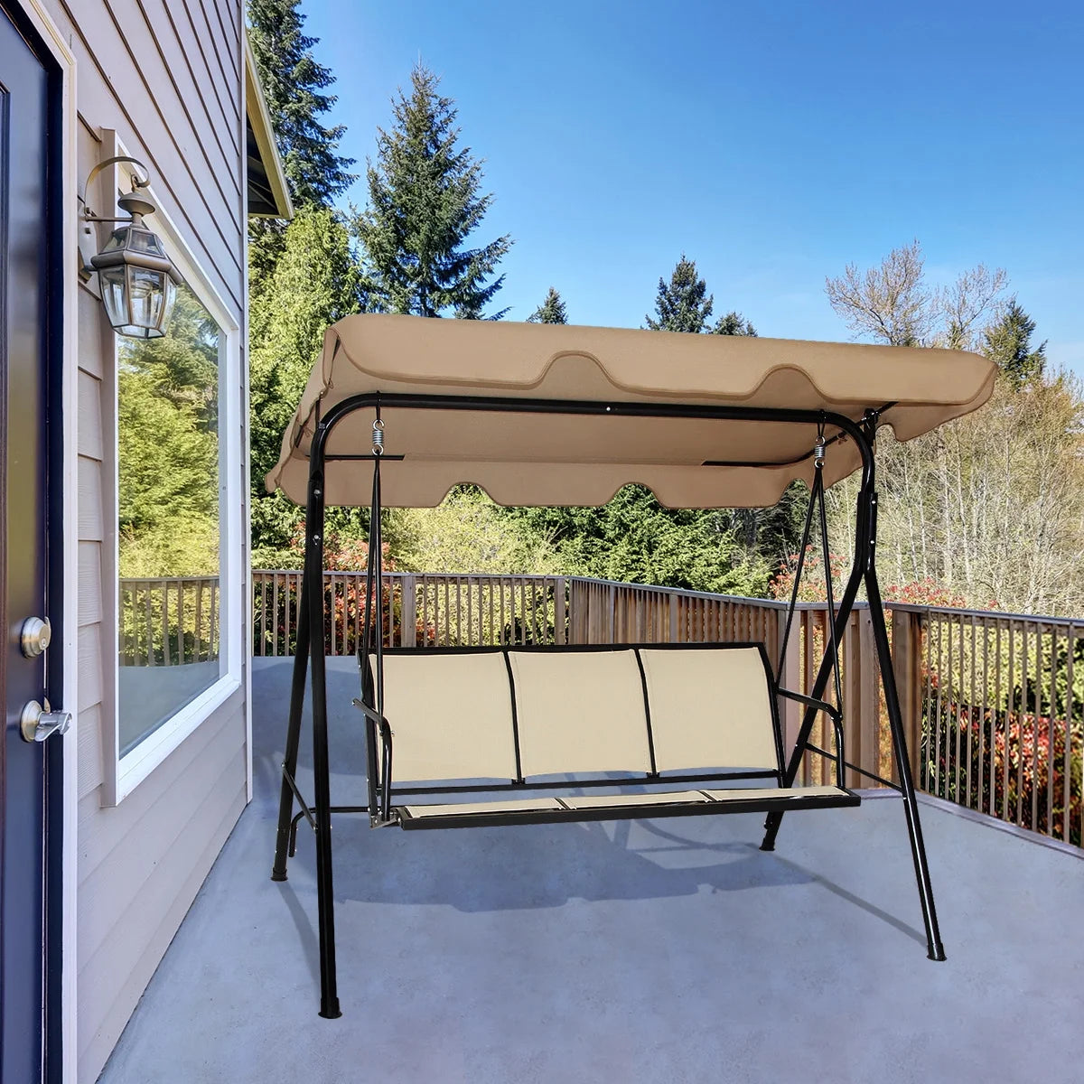 Costway Outdoor Patio Swing Canopy 3 Person Canopy Swing Chair Patio Hammock Brown