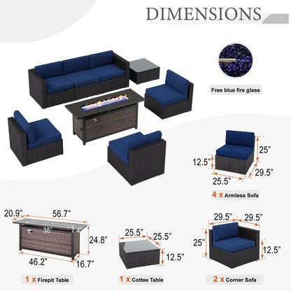 MF Studio 8 PCS Outdoor Patio Furniture Set with Fire Pit Table Wicker Patio Conversation Set, Navy Blue