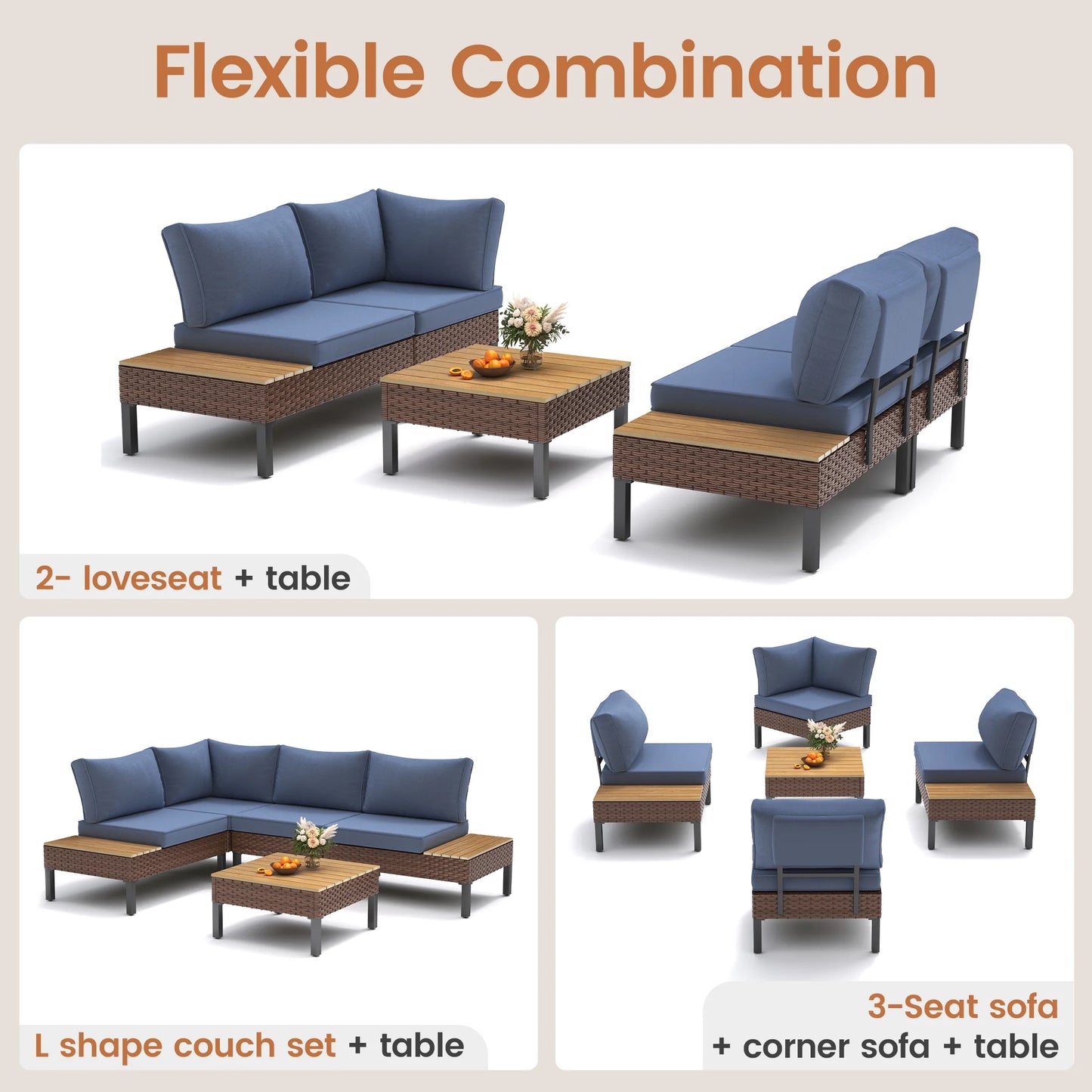 Poteban 5-piece Rattan Outdoor Patio Sofa Set,L-Shaped Sectional Sofa Couch with Coffee Table for Backyard,Lawn,Garden,Navy Blue