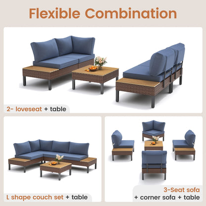 Poteban 5-piece Rattan Outdoor Patio Sofa Set,L-Shaped Sectional Sofa Couch with Coffee Table for Backyard,Lawn,Garden,Navy Blue