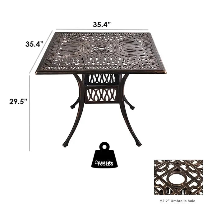 LVUYOYO 35.4" Outdoor Patio Bistro Dining Square Table Weather Resistant Cast Aluminum Conversation Table with 2.2" Umbrella Hole