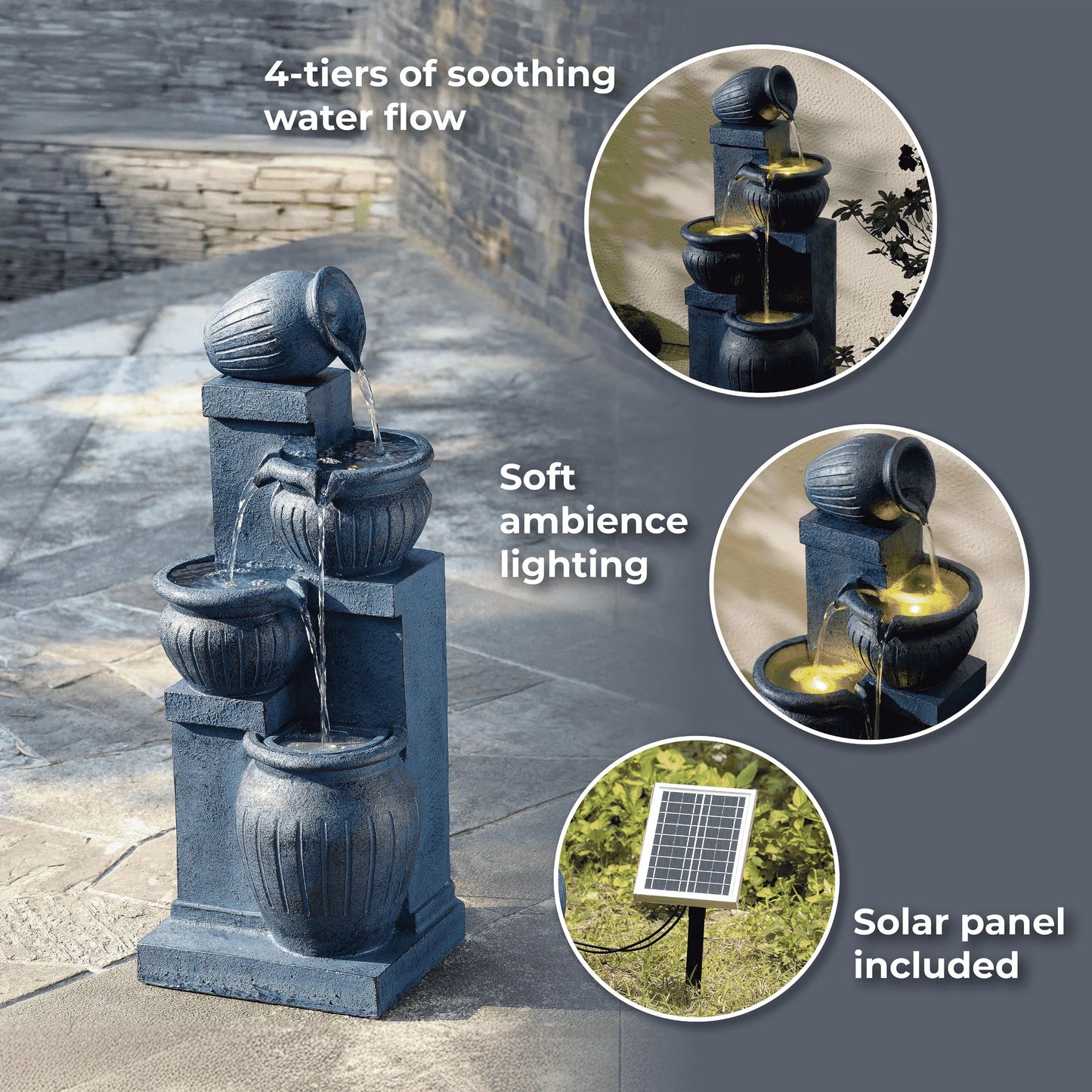 Teamson Home Outdoor Water Fountain with LightsC 4-Tier Cascading Bowl Design with LED Light & Solar Pump, Solar-Powered Water Fountain Outdoor Garden, Yard, or Patio Dcor, Navy Blue