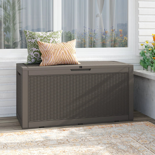 Dextrus 100 Gallon Spacious Resin Outdoor Storage Box for Patio Essentials, Outdoor Pillows, Landscaping Equipment, and Pool Accessories - Weatherproof, Secure (Light Brown)