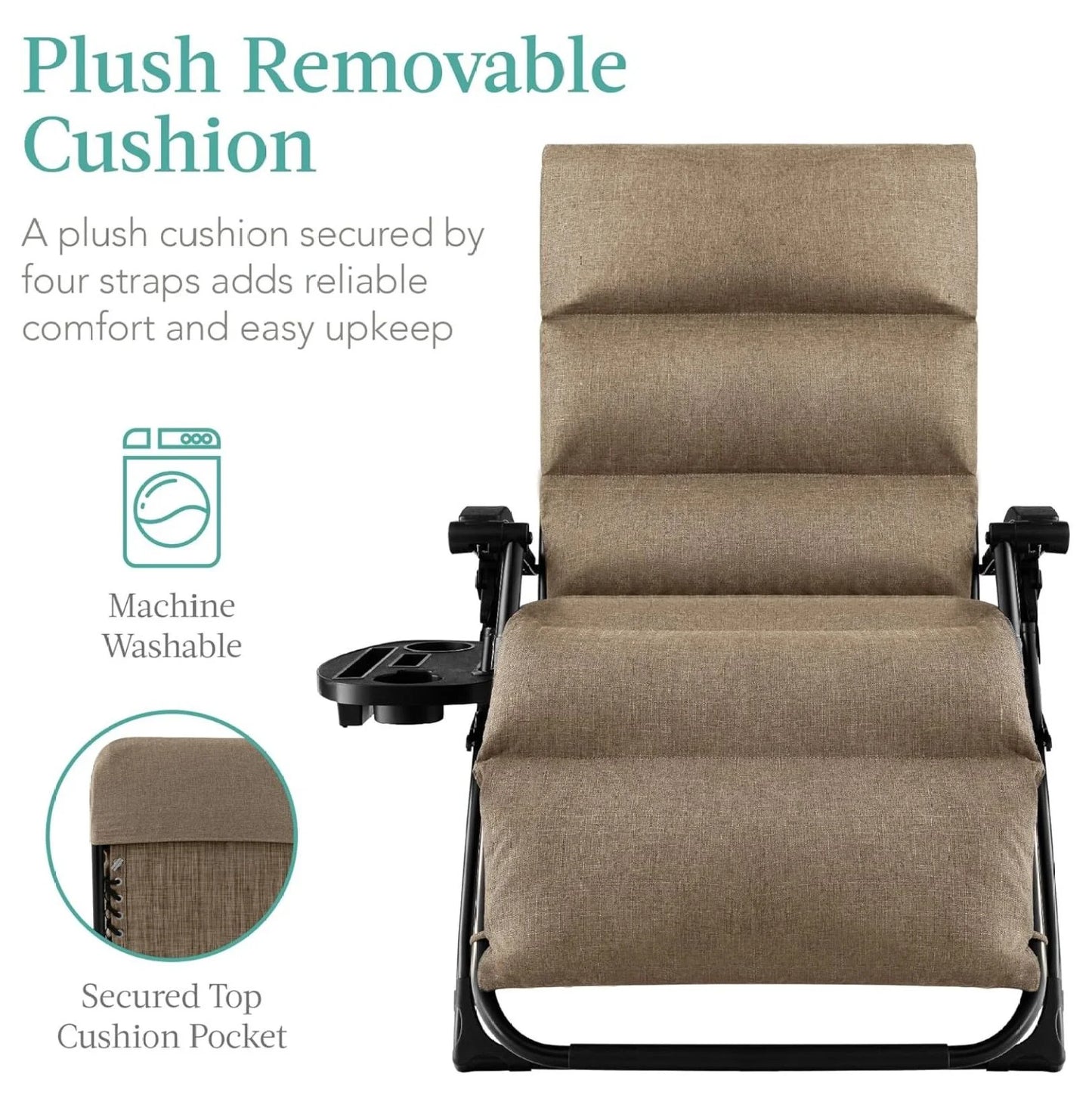 Oversized Chair, Folding Outdoor Patio Recliner, XL Anti Gravity Lounger w/Removable Cushion, Cup Holder, Side Tray, 350lb Capacity - Taupe