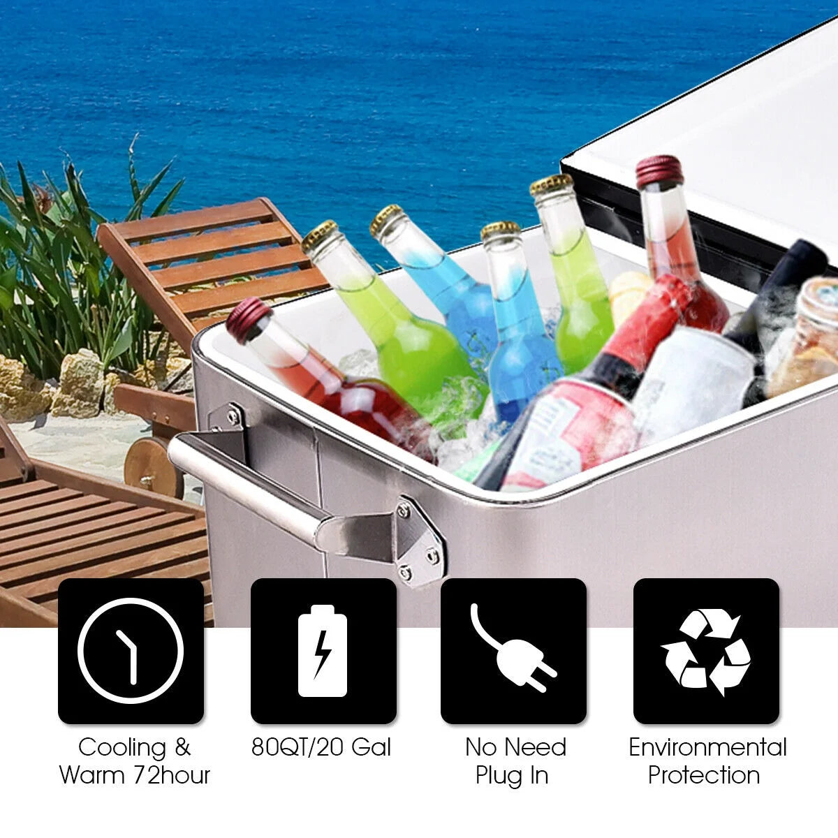 Costway Patio Cooler Rolling Outdoor Stainless Steel Ice Beverage Chest Pool 80 Quart