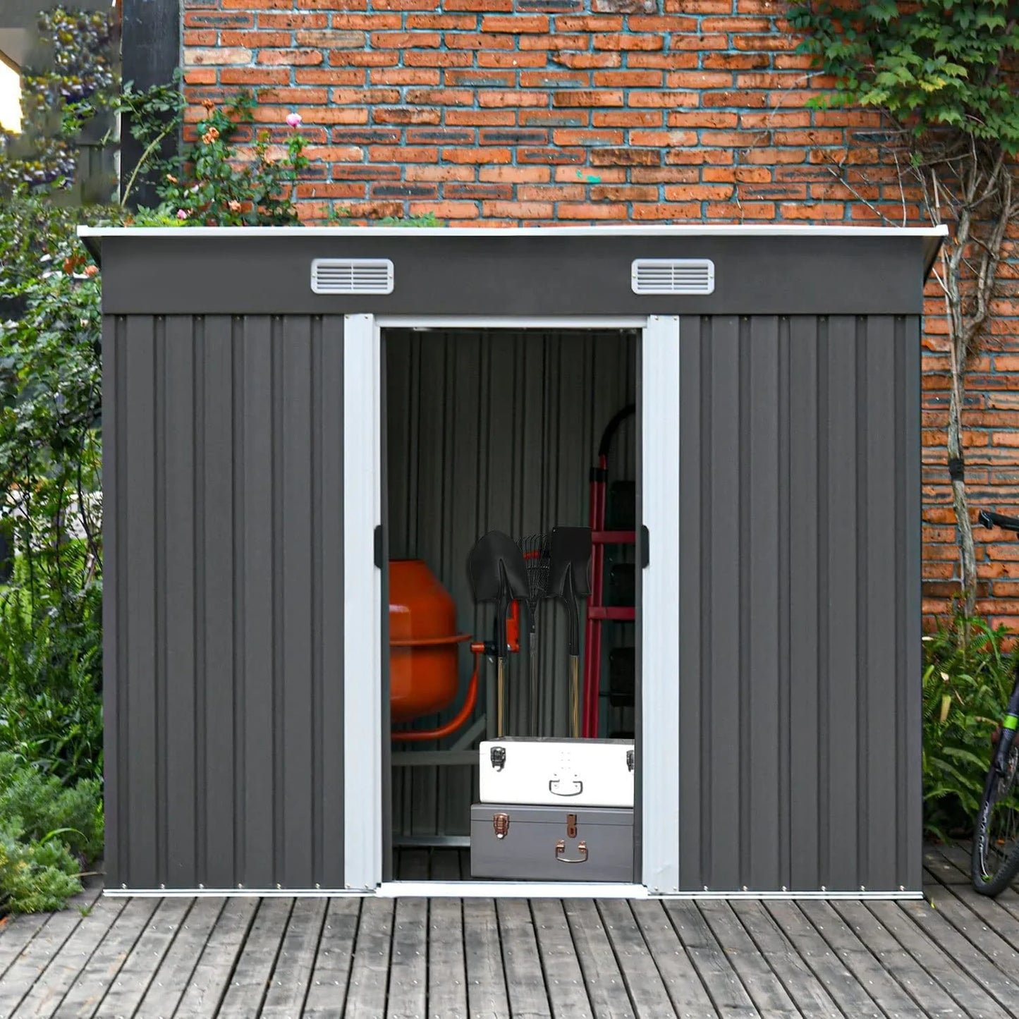 8 x 4 FT Outdoor Storage Shed, Metal Outside Sheds & Outdoor Storage with Sliding Doors and Vents, Steel Garden Shed Outdoor Utility Tool Shed with Pent Roof for Backyard Patio Garden Lawn, Grey