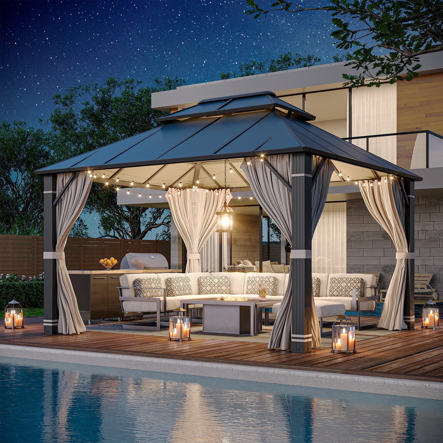 Erommy Hardtop Gazebo, Waterproof Aluminum Pavilion with Netting & Curtains for Patio, Garden Dusty Blue 10'x12'