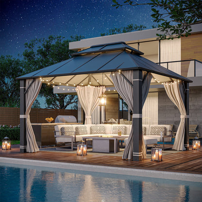 Erommy Hardtop Gazebo, Waterproof Aluminum Pavilion with Netting & Curtains for Patio, Garden Dusty Blue 10'x12'
