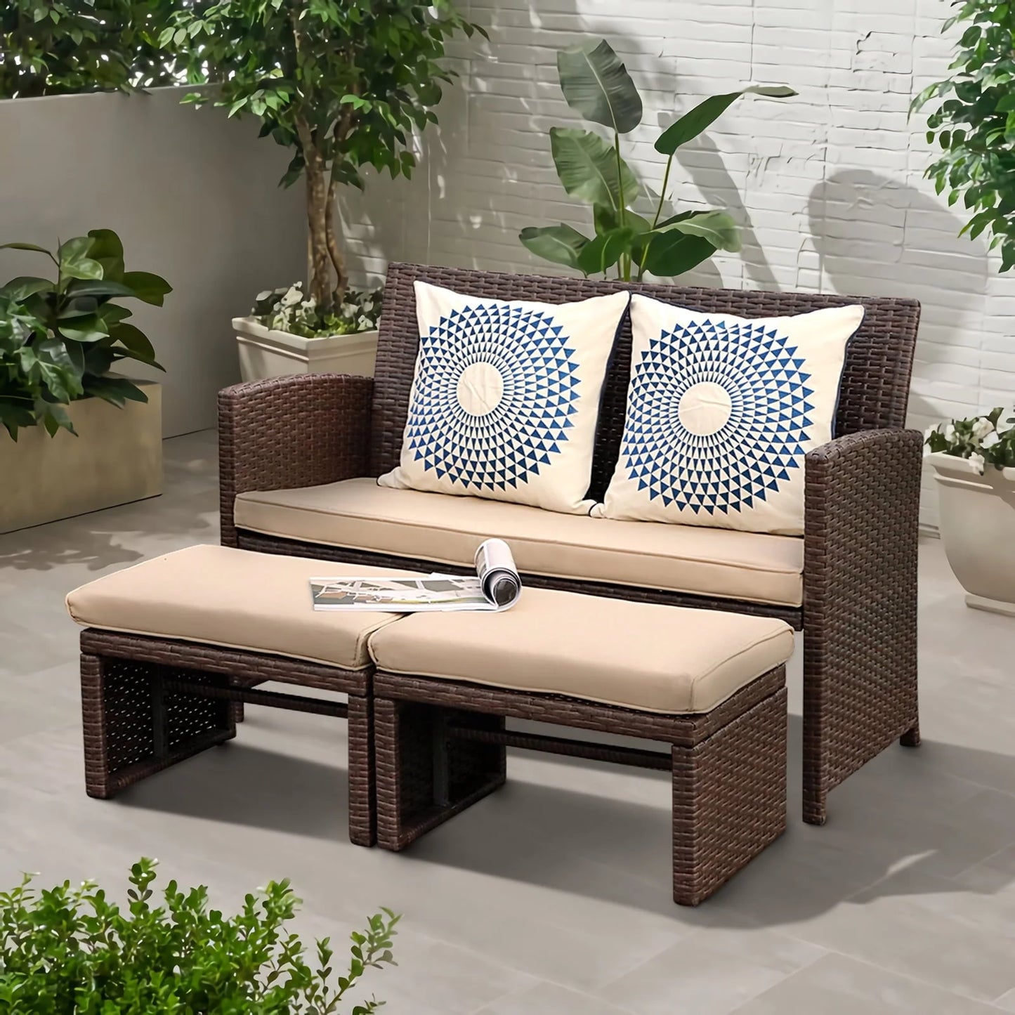 OC Orange-Casual 3 Piece Outdoor Loveseat, Patio Furniture Set, with Ottoman/Side Table, Brown Rattan, Beige Cushion
