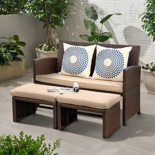 OC Orange-Casual 3 Piece Outdoor Loveseat, Patio Furniture Set, with Ottoman/Side Table, Brown Rattan, Beige Cushion