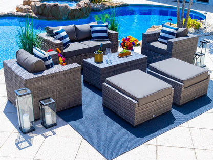Sorrento 6-Piece M Resin Wicker Outdoor Patio Furniture Lounge Sofa Set in Gray w/Loveseat, Two Armchairs, Two Ottomans, and Coffee Table (Flat-Weave Gray Wicker, Polyester Light Gray)