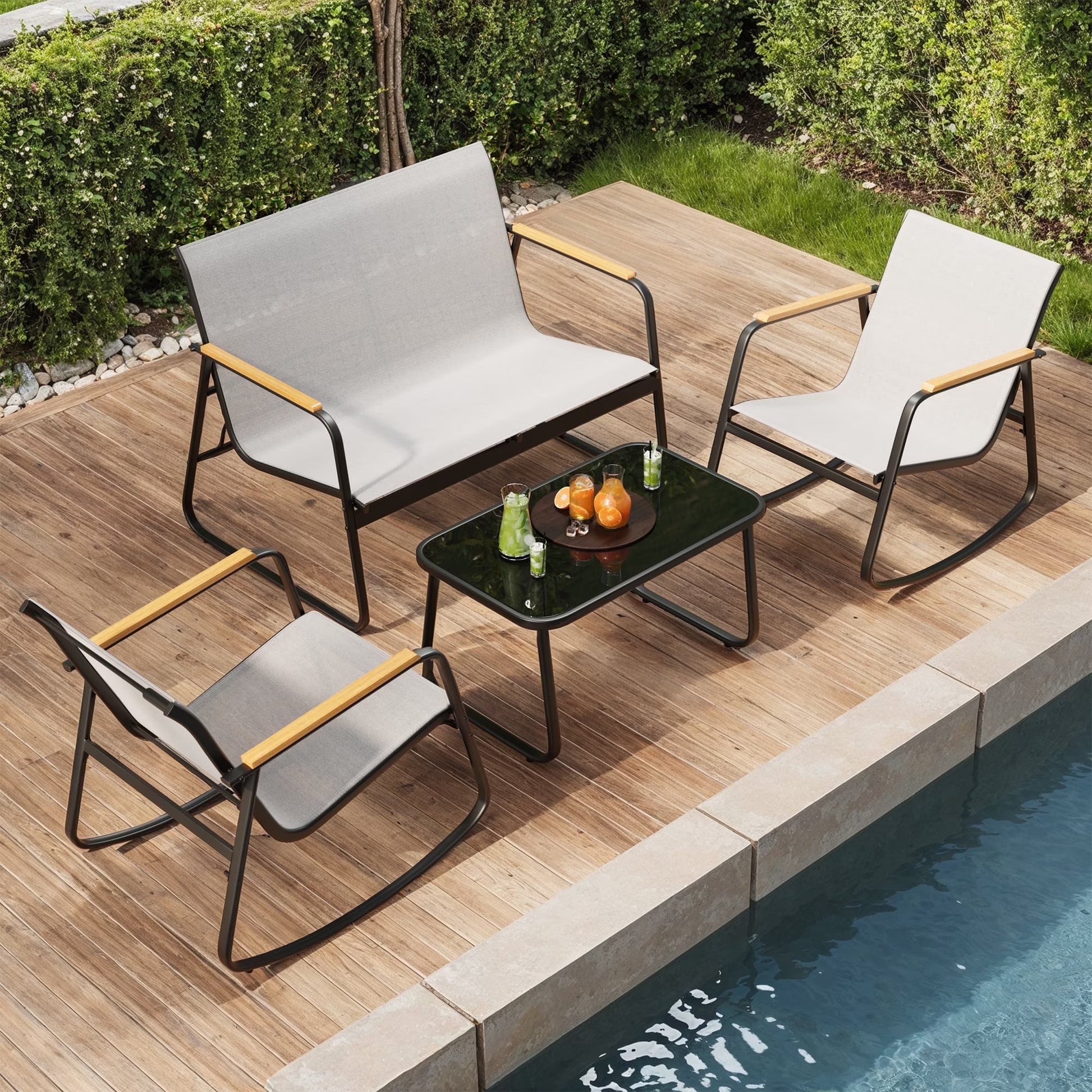 Asofer 4-Piece Patio Furniture Set, Textilene Outdoor Bistro Set with 2 Rocking Chair for Lawn, Garden, Poolside (Black)