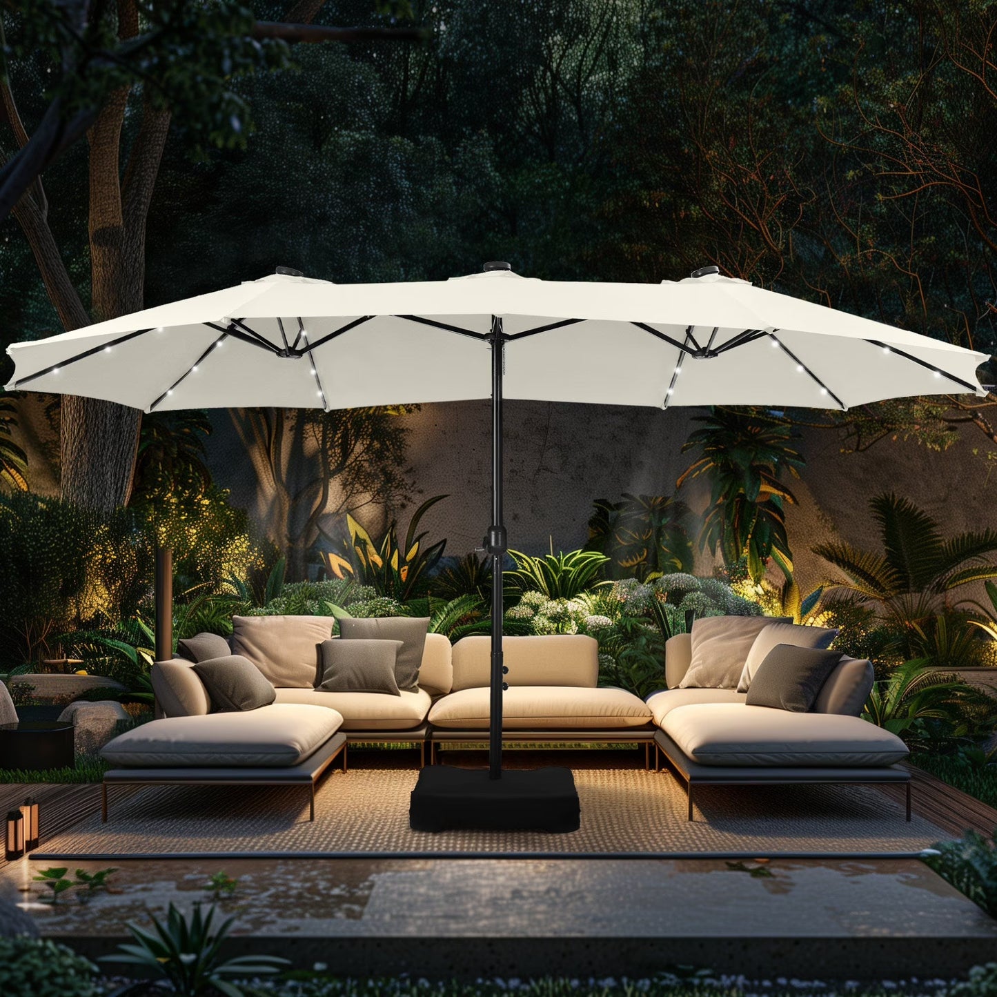 Alpha Joy 15ft Extra Large Outdoor Patio Double-Sided Umbrella with LED Solar Lights & Umbrella Base, Beige