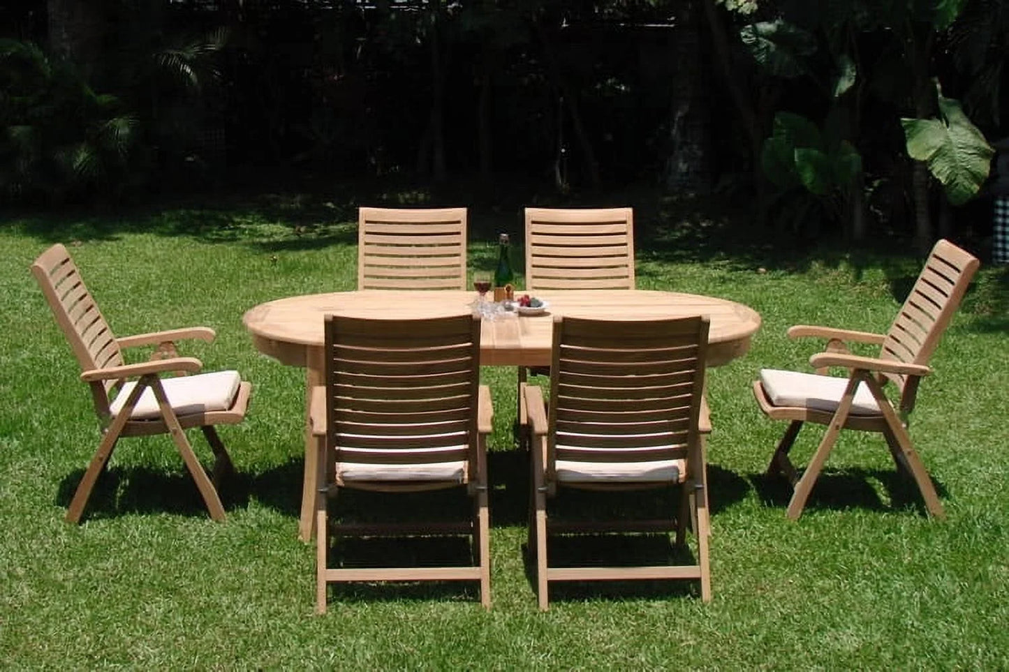 Teak Dining Set:6 Seater 7 Pc - 94" Oval Table And 6 Ashley Reclining Arm Chairs Outdoor Patio Grade-A Teak Wood WholesaleTeak #WMDSAS9