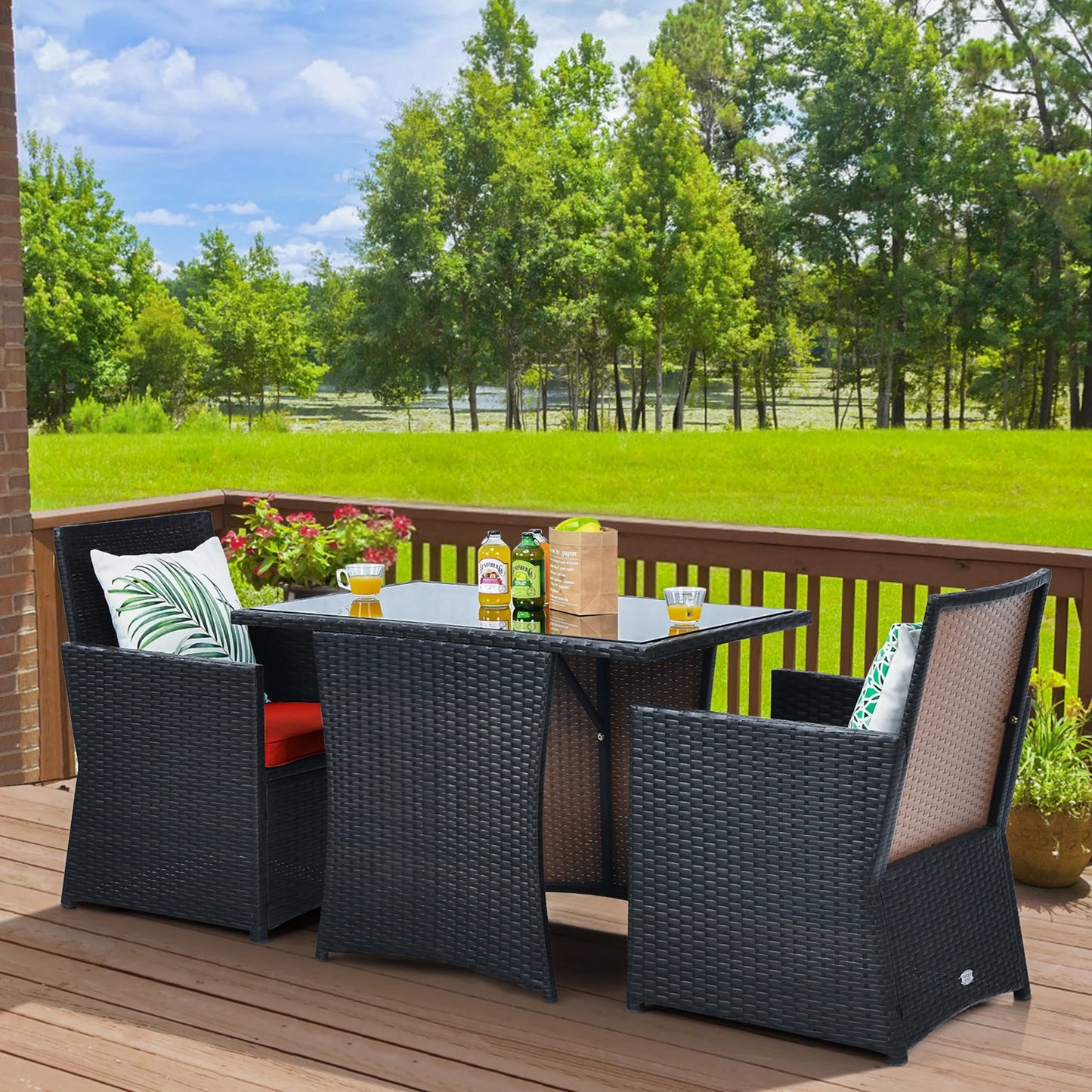 Gymax 3PCS Patio Wicker Bistro Set PE Rattan Dining Table Set w/Red Cushions