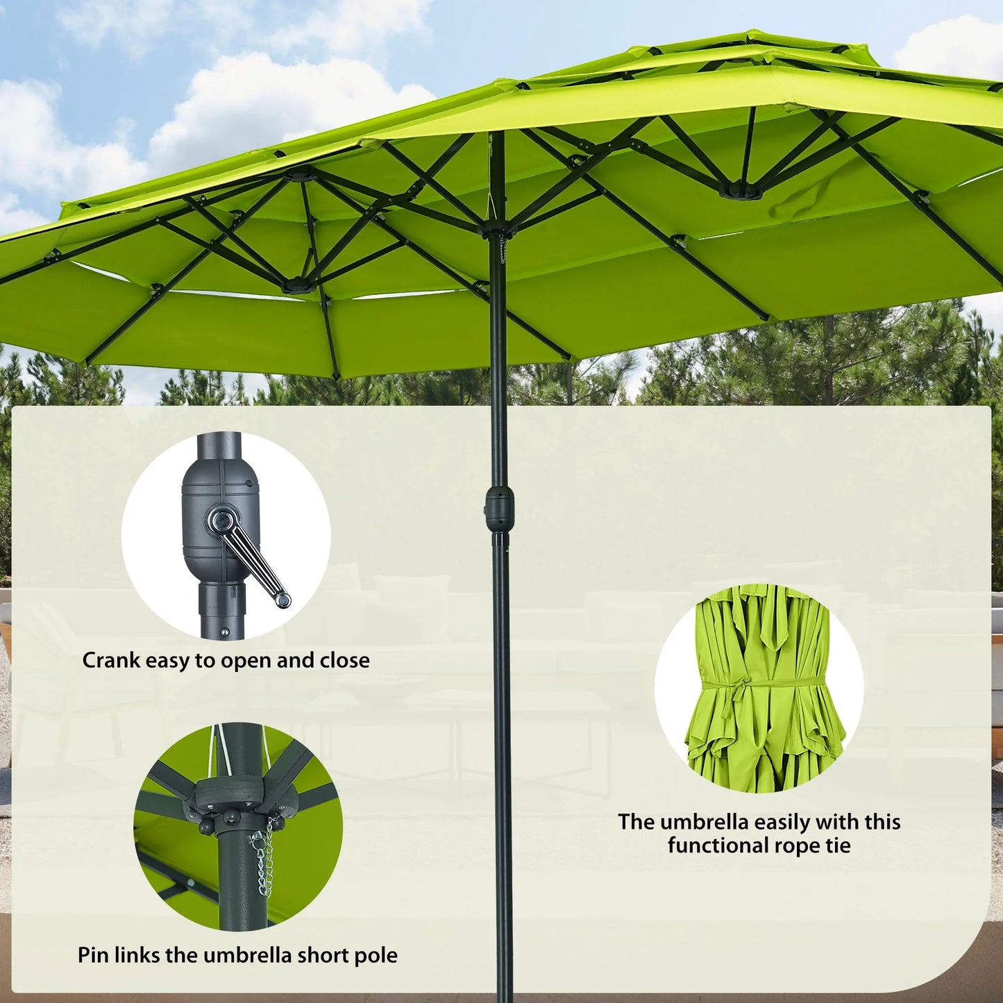 Ainfox 15ft Large Patio Umbrella, 3-Tiers Outdoor Double-Sided Rectangle Market Heavy Duty Umbrellas, Grass Green