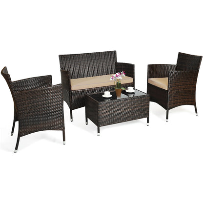 Gymax 4PCS Patio Rattan Outdoor Furniture Set w/Cushioned Chair Loveseat Table