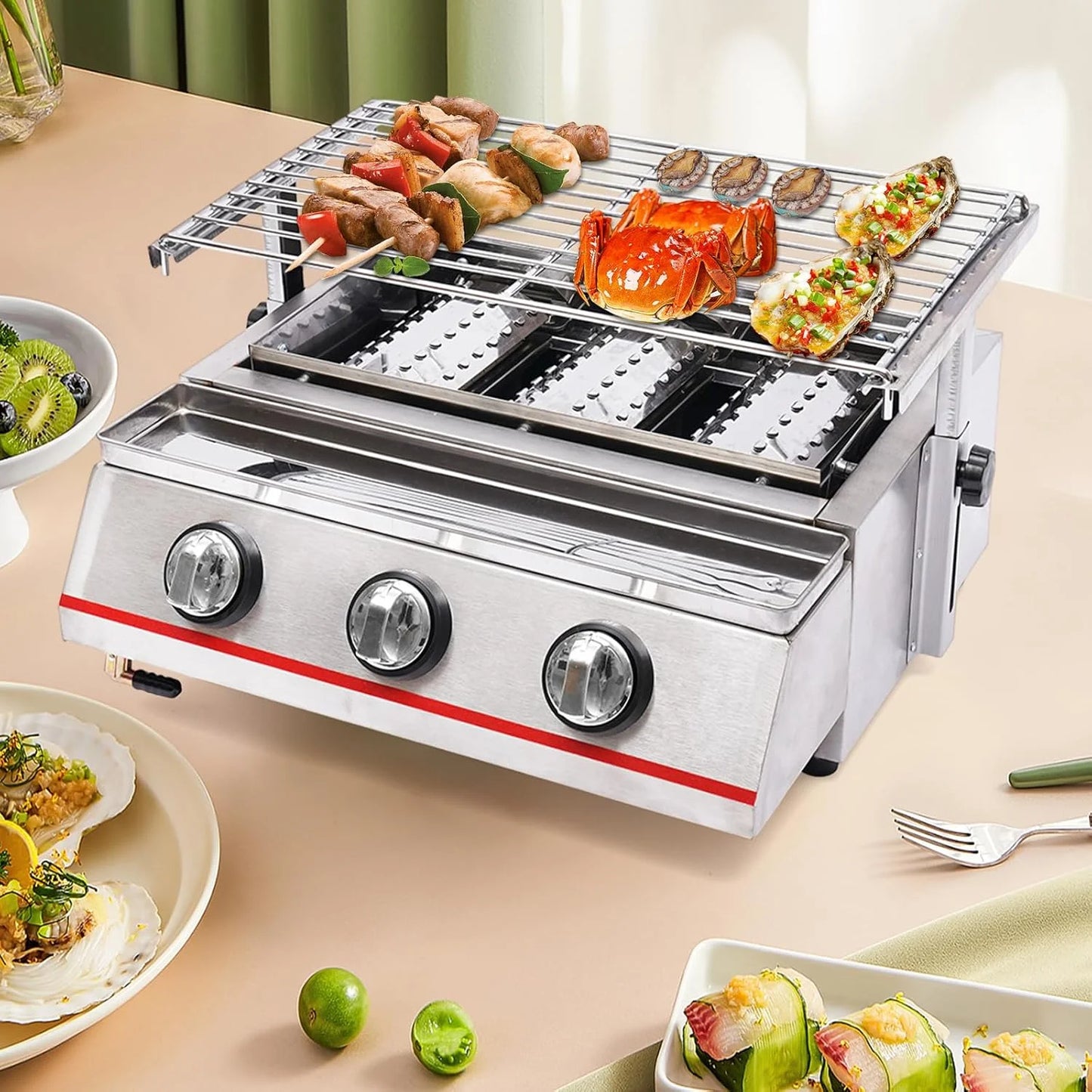 Outdoor Portable Gas Grill,3-Burner Outdoor BBQ Tabletop Cooker,Efficient Heating Gas Grill with Vertical Cooking Stainless Steel LPG Barbecue Perfect for Patio Garden Picnic Backyard Barbecue