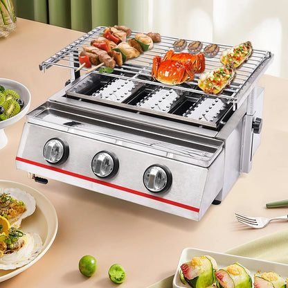 Outdoor Portable Gas Grill,3-Burner Outdoor BBQ Tabletop Cooker,Efficient Heating Gas Grill with Vertical Cooking Stainless Steel LPG Barbecue Perfect for Patio Garden Picnic Backyard Barbecue