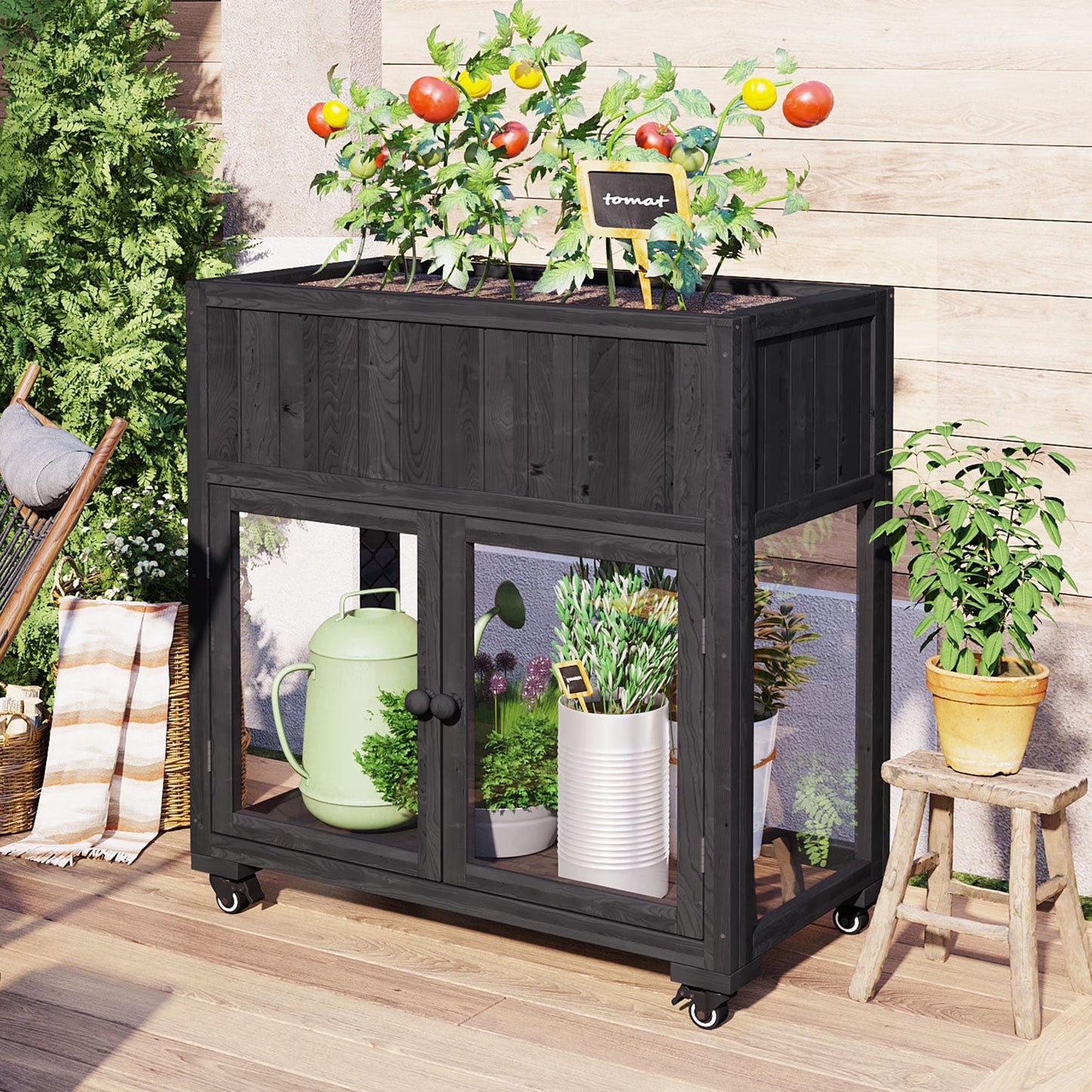 Segmart Raised Wood Greenhouse Outdoor/Indoor,Herb Garden Above Ground Cold Frame with Legs,Mini Garden Bed On Wheels Patio for Vegetable herb