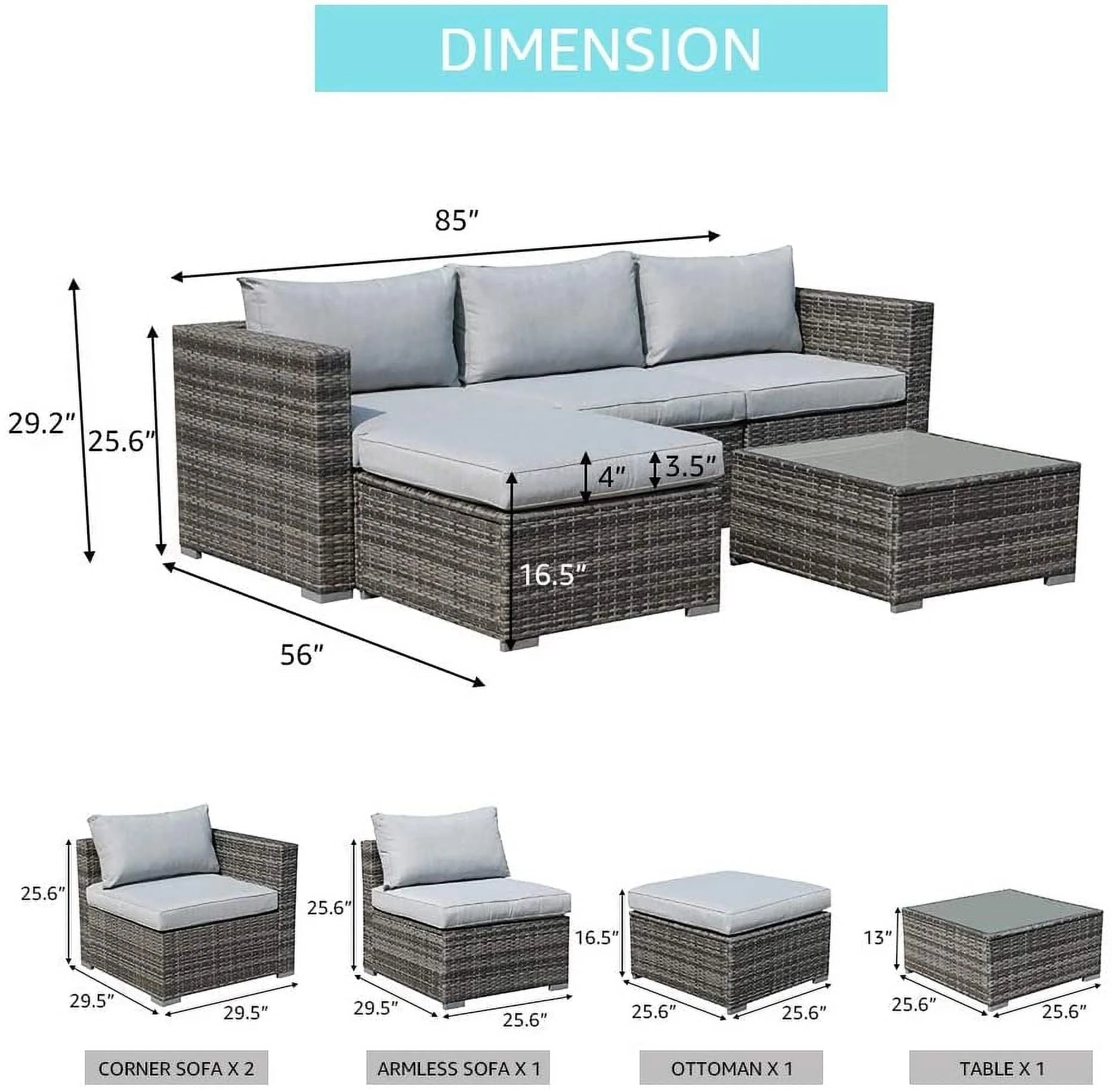 Patiorama 5-Piece Patio Furniture Set, Outdoor Sectional Conversation Set, All-Weather Grey PE Wicker with Light Grey Cushions, Backyard Porch Garden