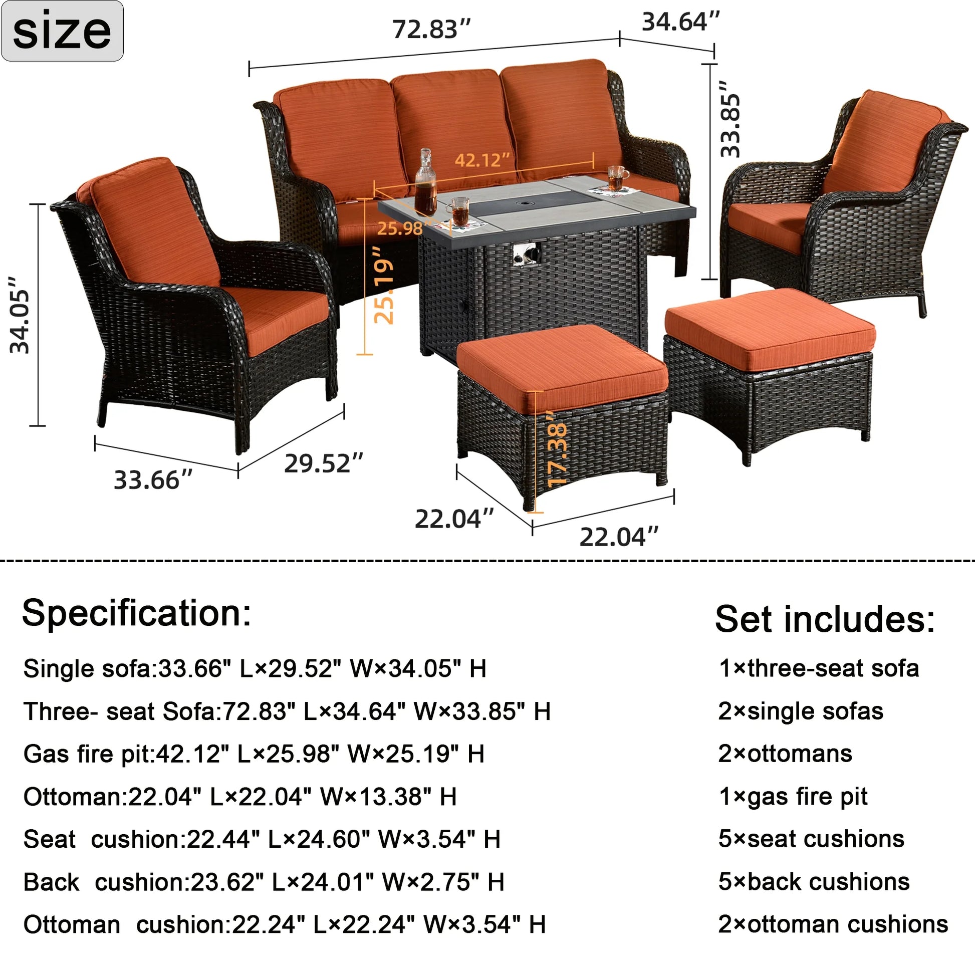 Ovios 6 Pieces Outdoor Furniture with CSA Fire Pit Wicker Patio Conversation Set All Weather Sectional Sofa for Porch