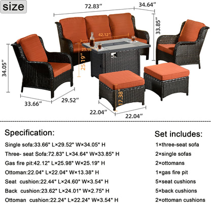 Ovios 6 Pieces Outdoor Furniture with CSA Fire Pit Wicker Patio Conversation Set All Weather Sectional Sofa for Porch