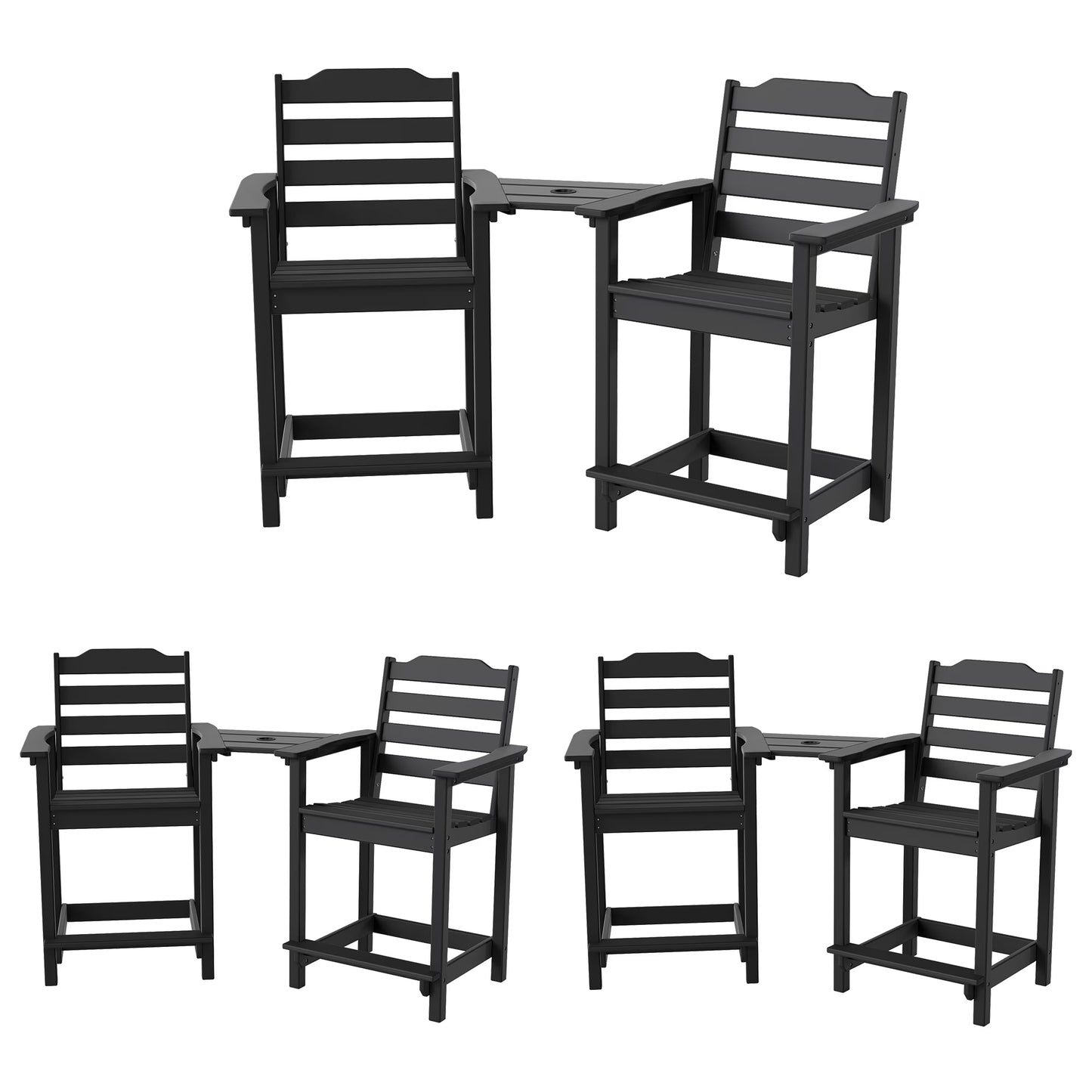 Decksplore Tall Adirondack Chairs Set of 6 with Detachable Connecting Tray, HDPE Bar Height Outdoor Chairs, Wood-Like Adirondack Bar Stools for Patio, Balcony, Porch, Black brown