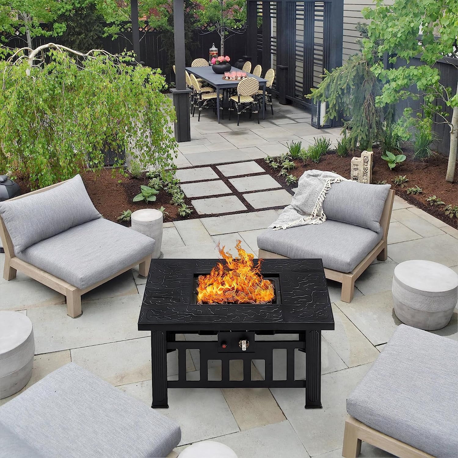 VECELO 30" Square Propane Fire Pit Table, 50,000 BTU Gas Fire Square Fireplace with Lid and Lava Rock for Outdoor, Patio, Backyard, Party, Black