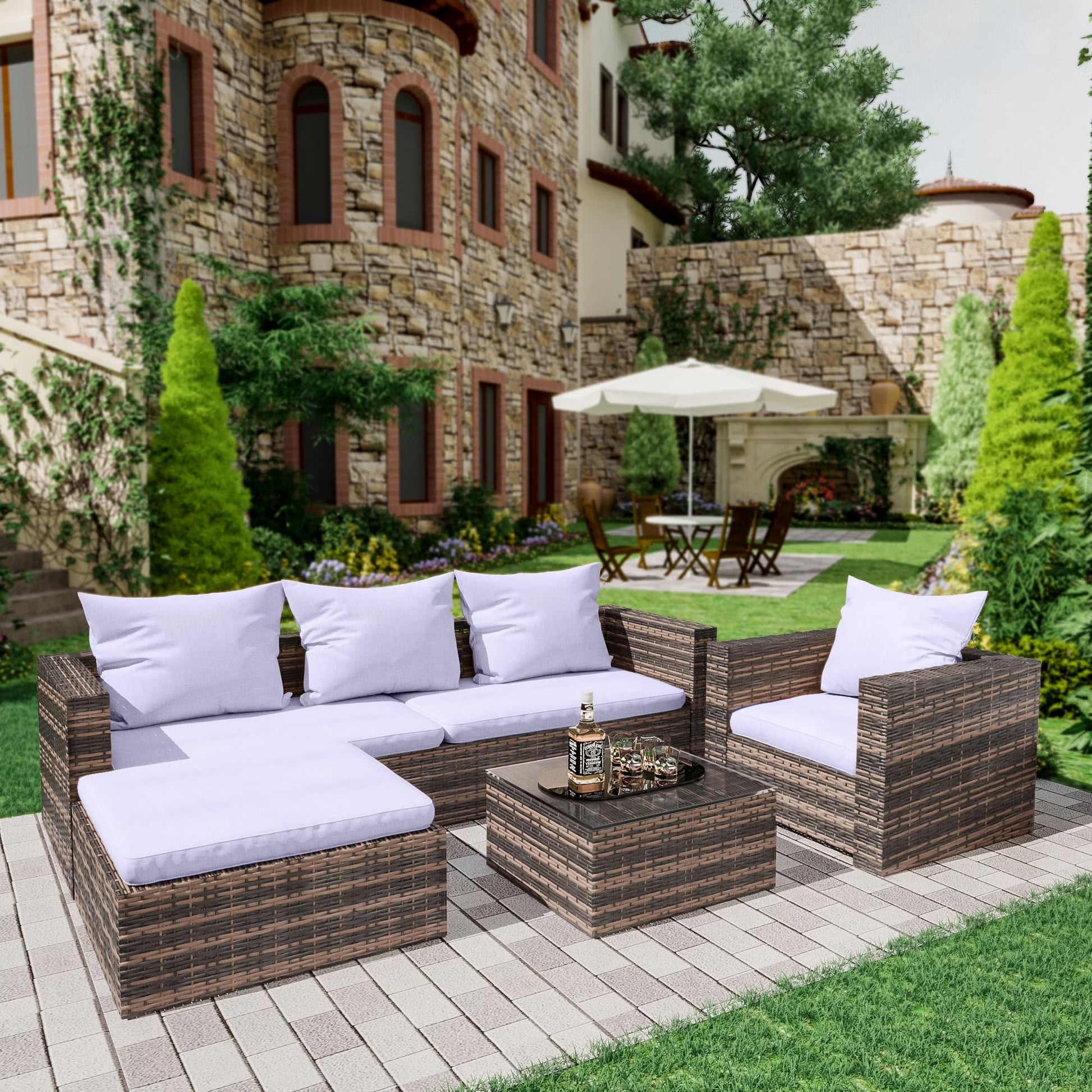 Rattan Patio Sofa Set, 4 Pieces Outdoor Sectional Furniture Set, All-Weather PE Rattan Wicker Patio Conversation Set, Cushioned Sofa Set with Glass Table for Patio Garden Poolside Deck
