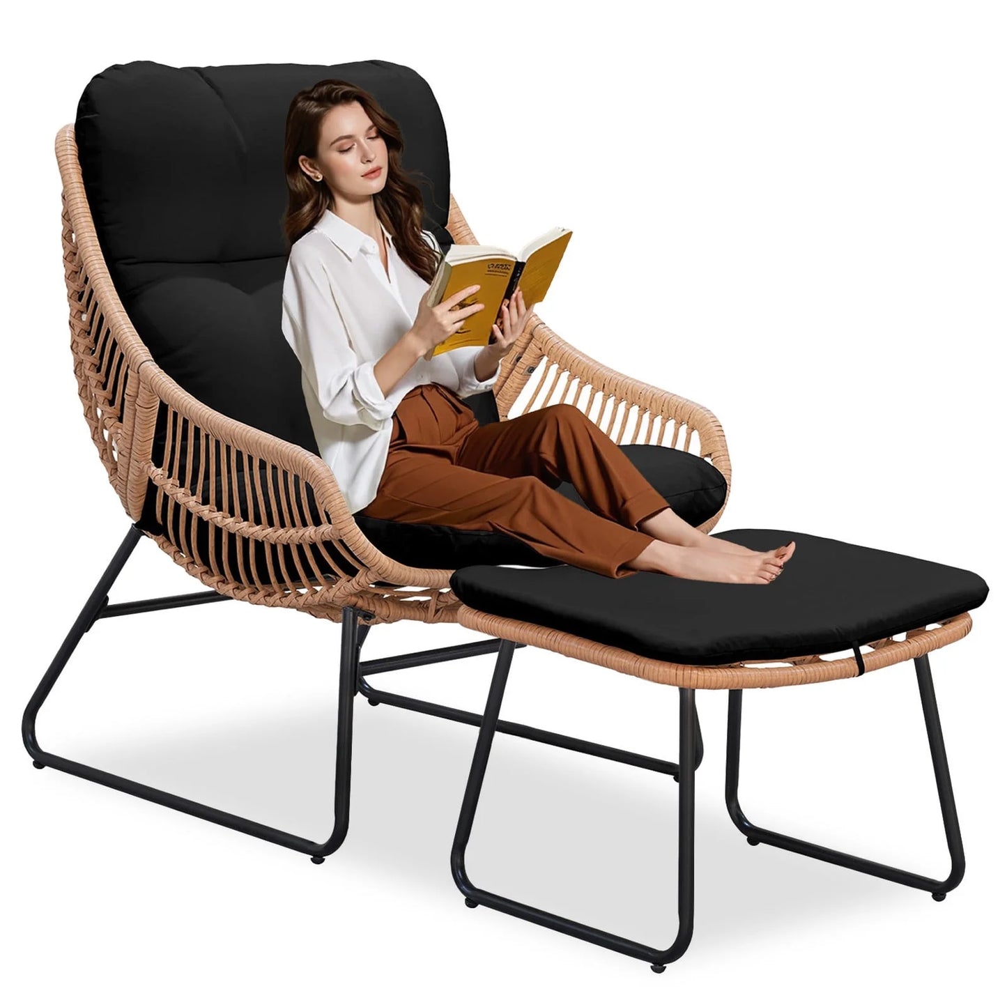 Tappio Wicker Papasan Egg Chair with Ottoman, Outdoor Patio Basket Lounge Chair Indoor Oversized Egg Lounger with Thick Cushion for Living Room Bedroom Balcony Porch, Black
