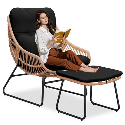 Tappio Wicker Papasan Egg Chair with Ottoman, Outdoor Patio Basket Lounge Chair Indoor Oversized Egg Lounger with Thick Cushion for Living Room Bedroom Balcony Porch, Black